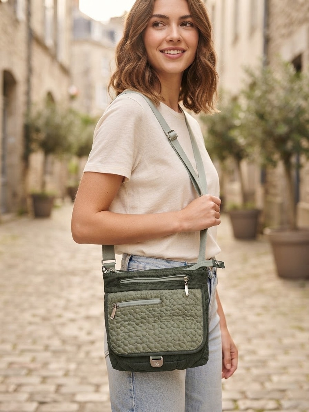 Sherpani Two-Tone Olive Green Quilted Crossbody
